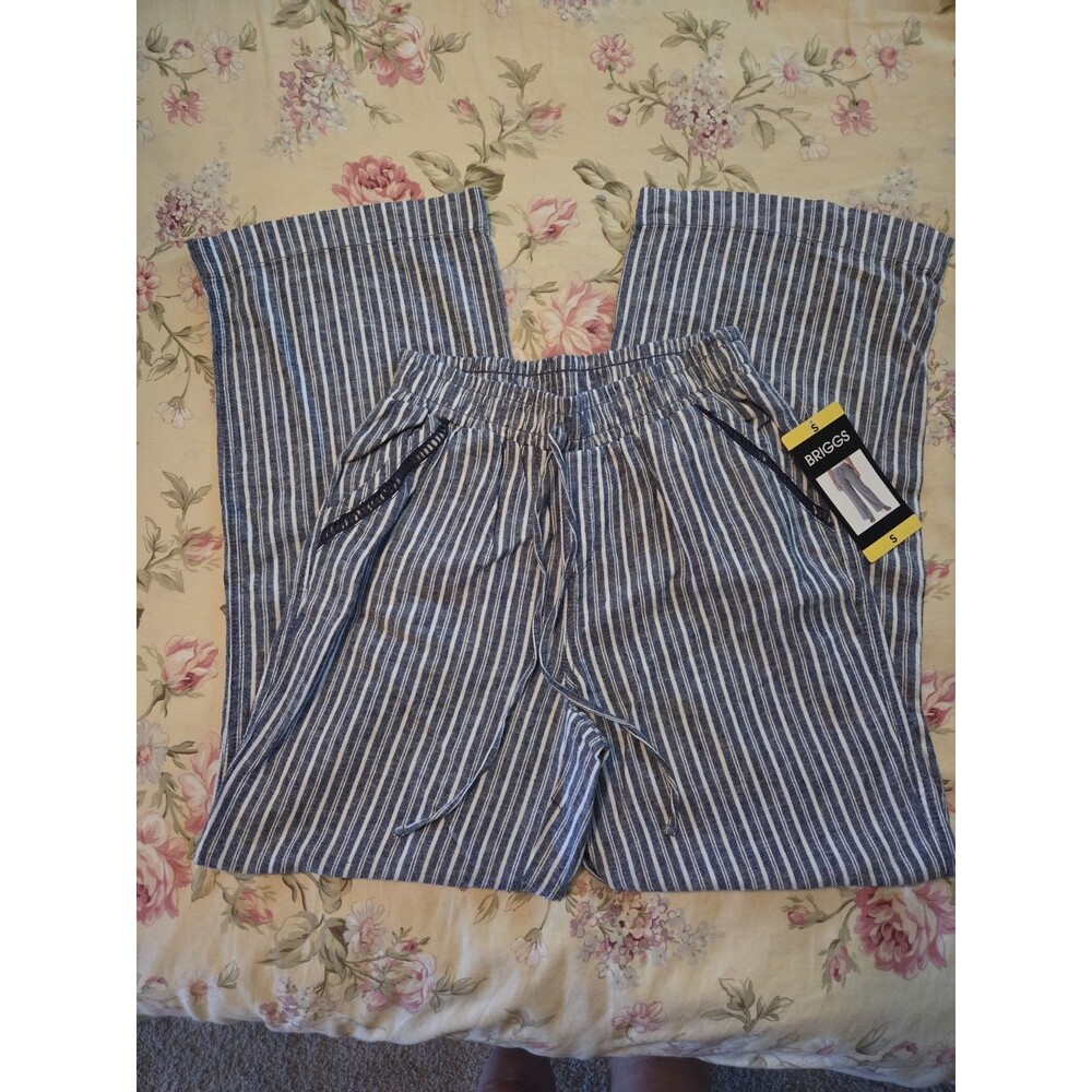 Briggs Striped Linen Look Wide Leg Pants Elastic Waist Drawstring Sz Small NEW
